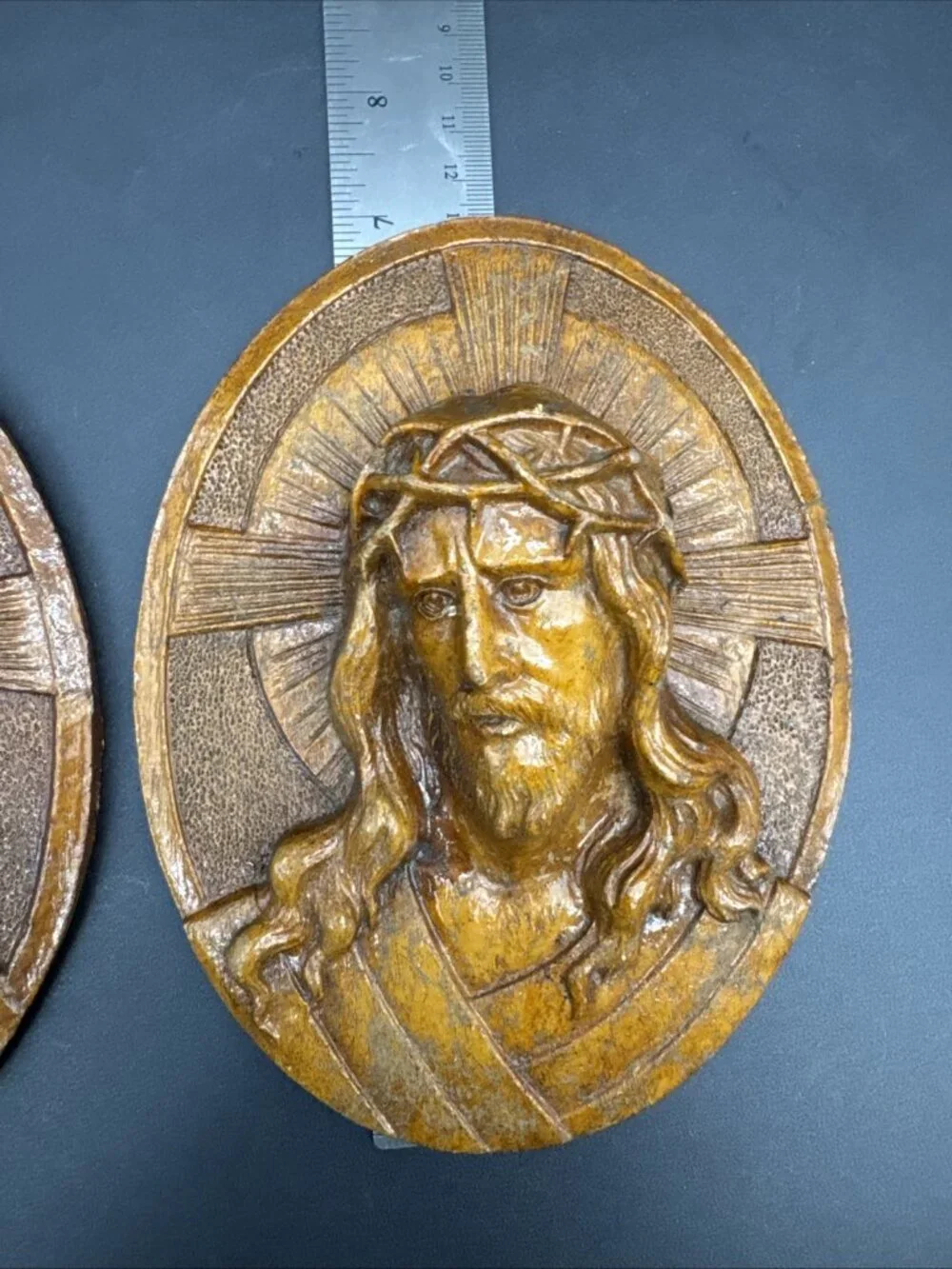 Vintage MCM Genuine Burwood 3D Jesus Mary Religous Gallery Wall Plaque Set Oval